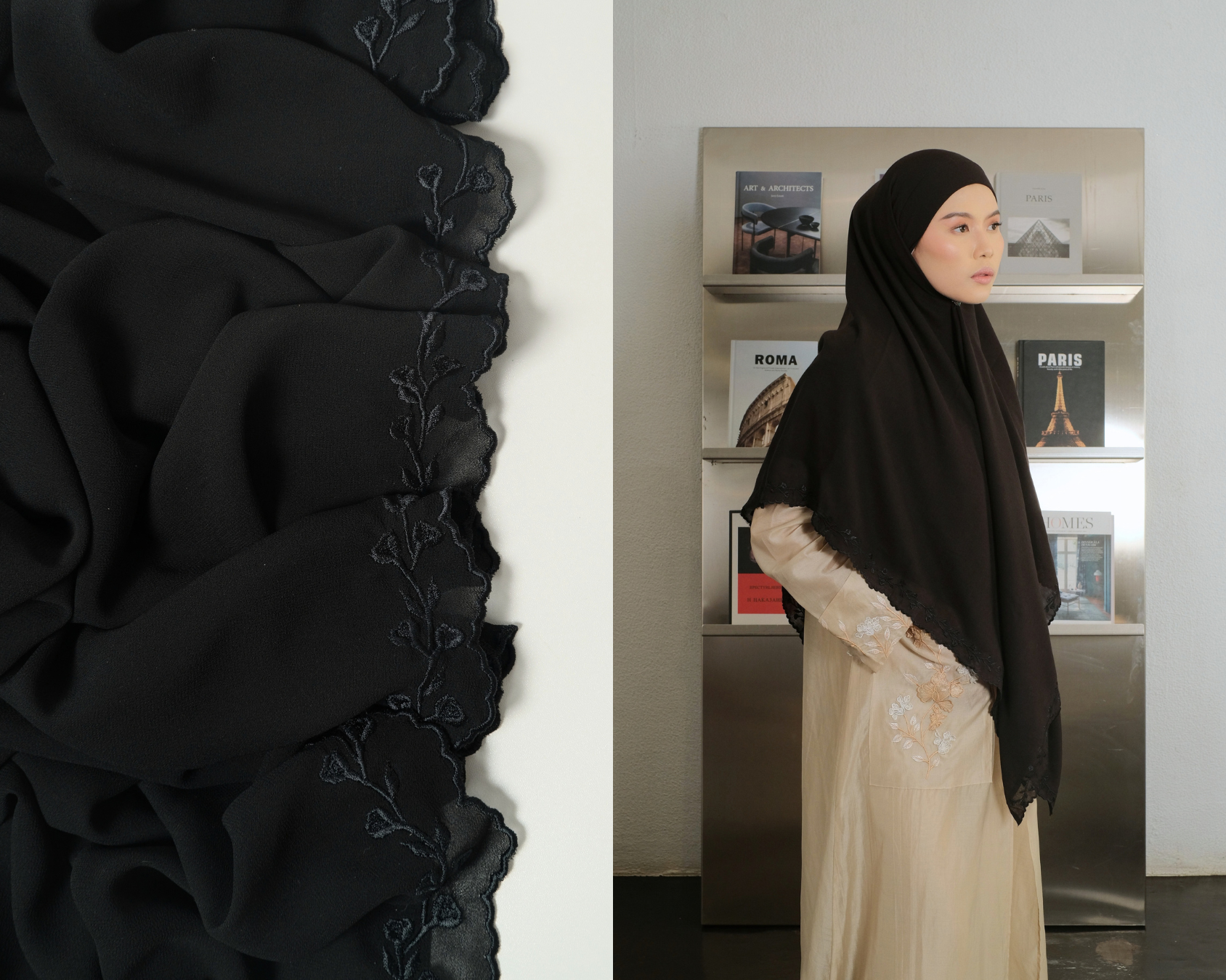 Ghaniea-French Square Khimar/Khimar SULAM HAYATI Bandana Sulam Flowy Chiffon Arabian