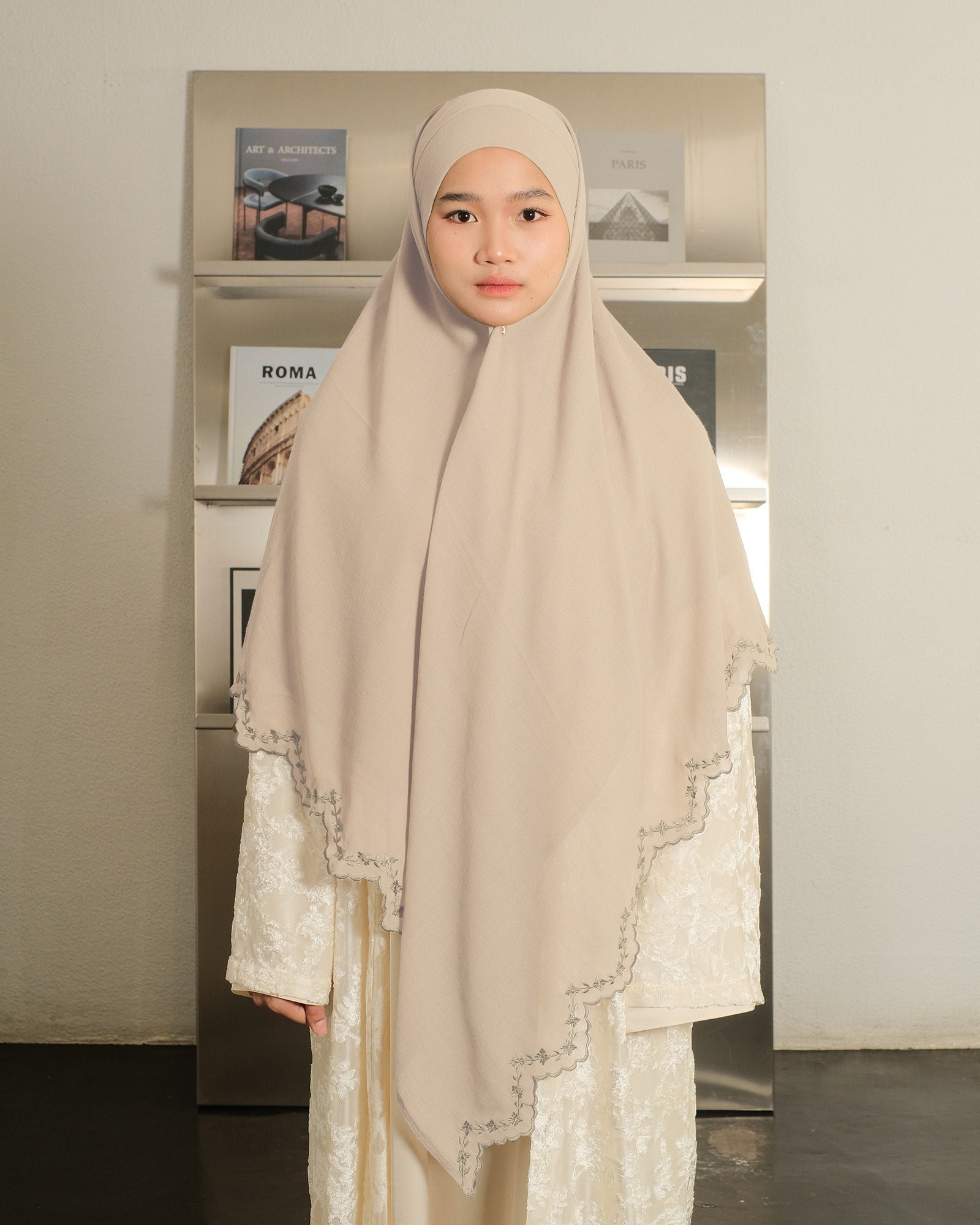 Ghaniea Heritage-Khimar Fatimah Sulthan Bandana Sulam Soft Cotton Arabian Texture dan Flowy Arabian Texture