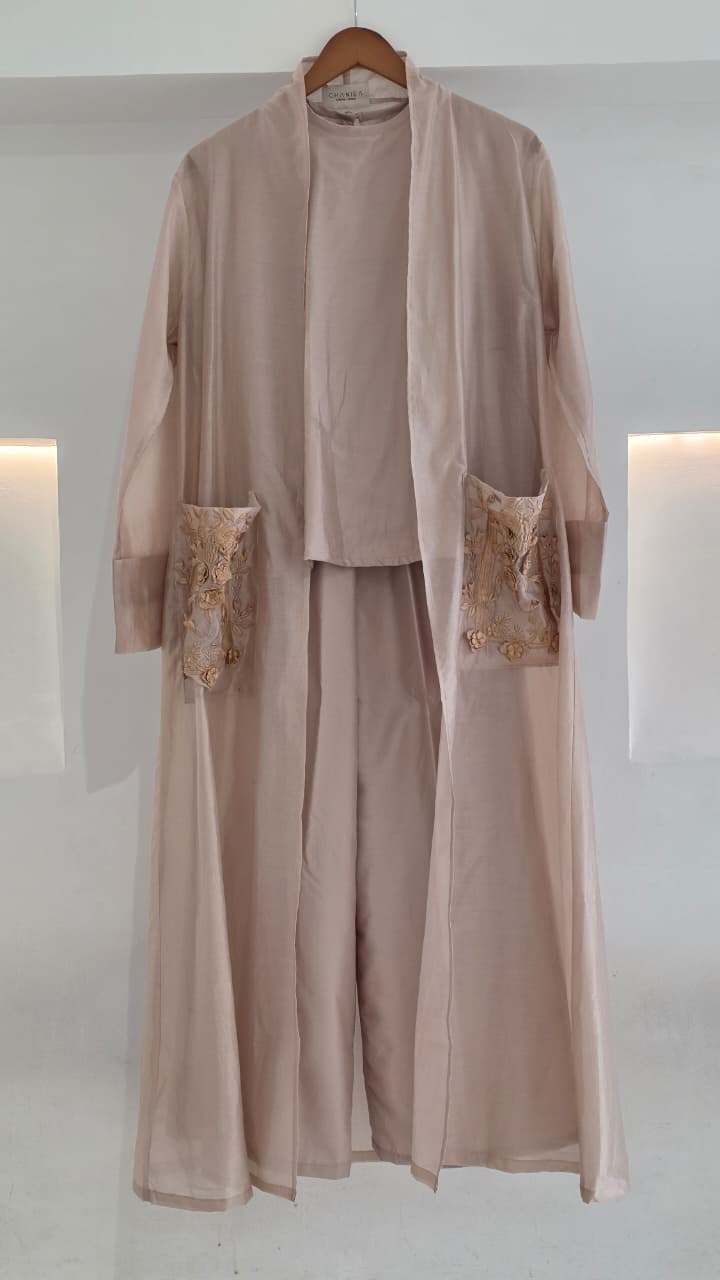 Ghaniea-Izmir 3in1 Set Abaya Sulam I Abaya Outer, Inner Top & Wide Pants