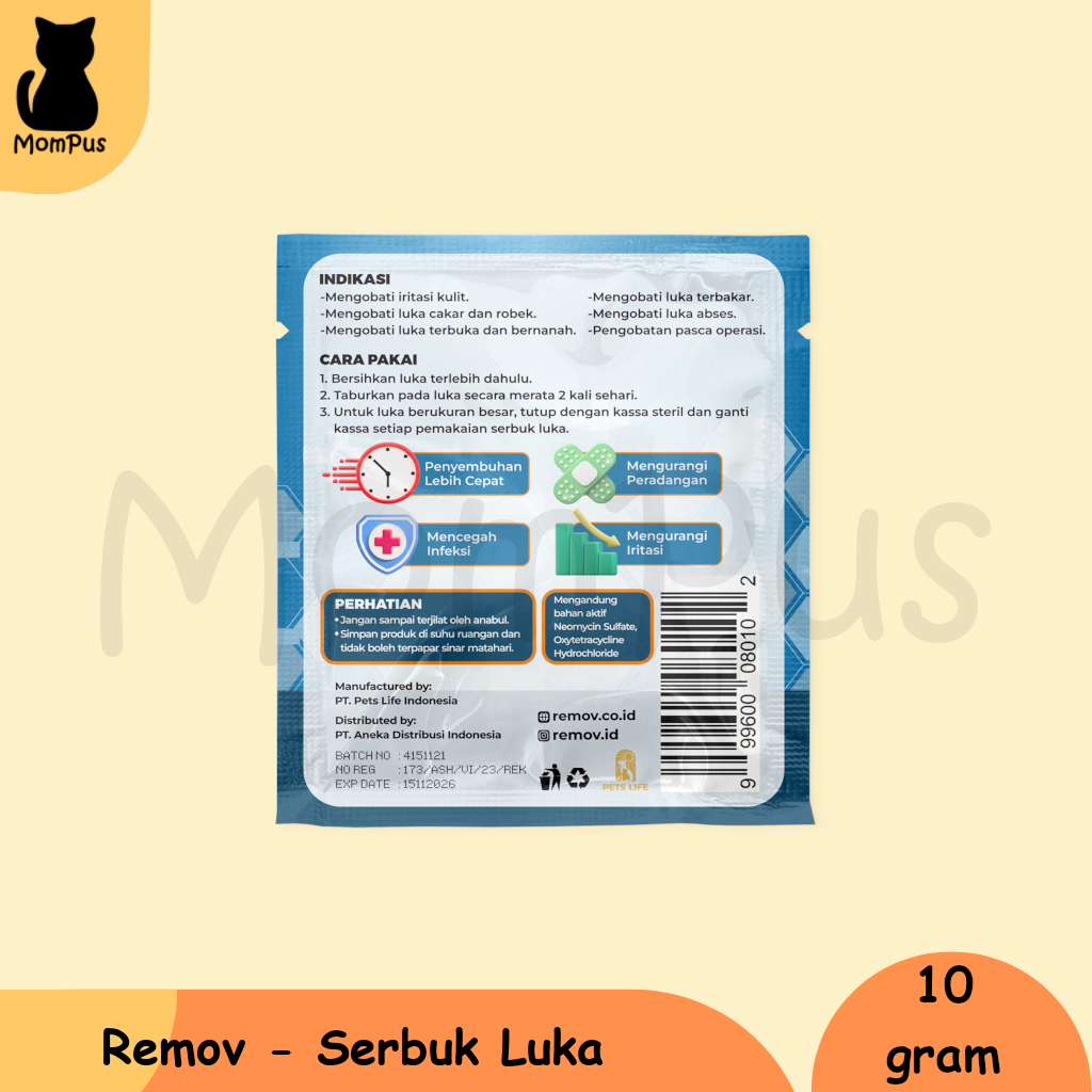Remov Serbuk Obat Luka Luar Antiseptik Kucing 10gr