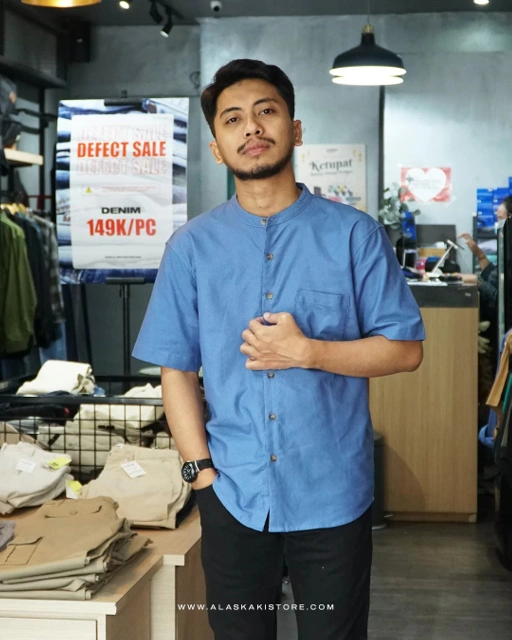 Image of Short Sleeve Mandarin Collar Shirt - Dusty Blue BC2087