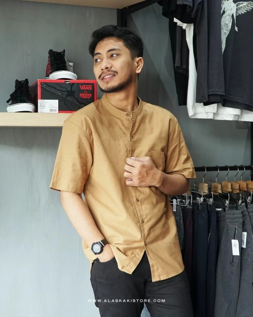 Image of Short Sleeve Mandarin Collar Shirt Mocca BC2089