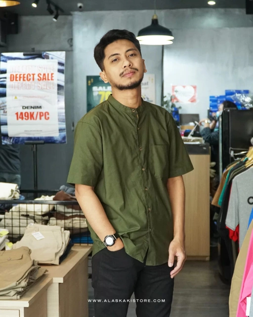 Image of Short Sleeve Mandarin Collar Shirt Olive BC2088