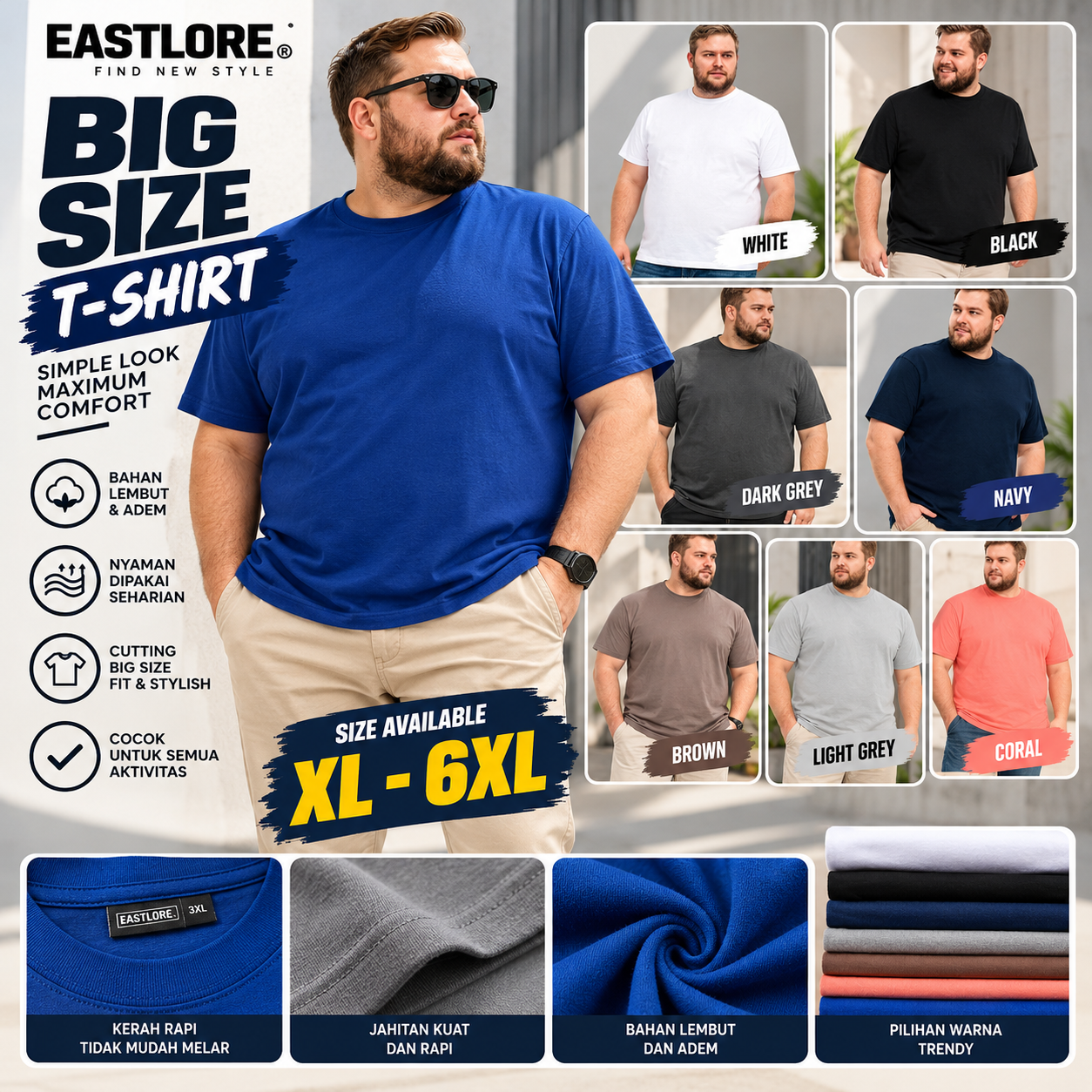 Eastlore Basic Tshirt Bigsize - Kaos Katun 24s Polos Pria Jumbo Size 