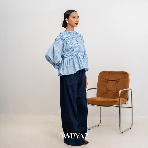 Image of BWBYAZ -  PAMELA SHIRRED BLOUSE NEW STRIPE