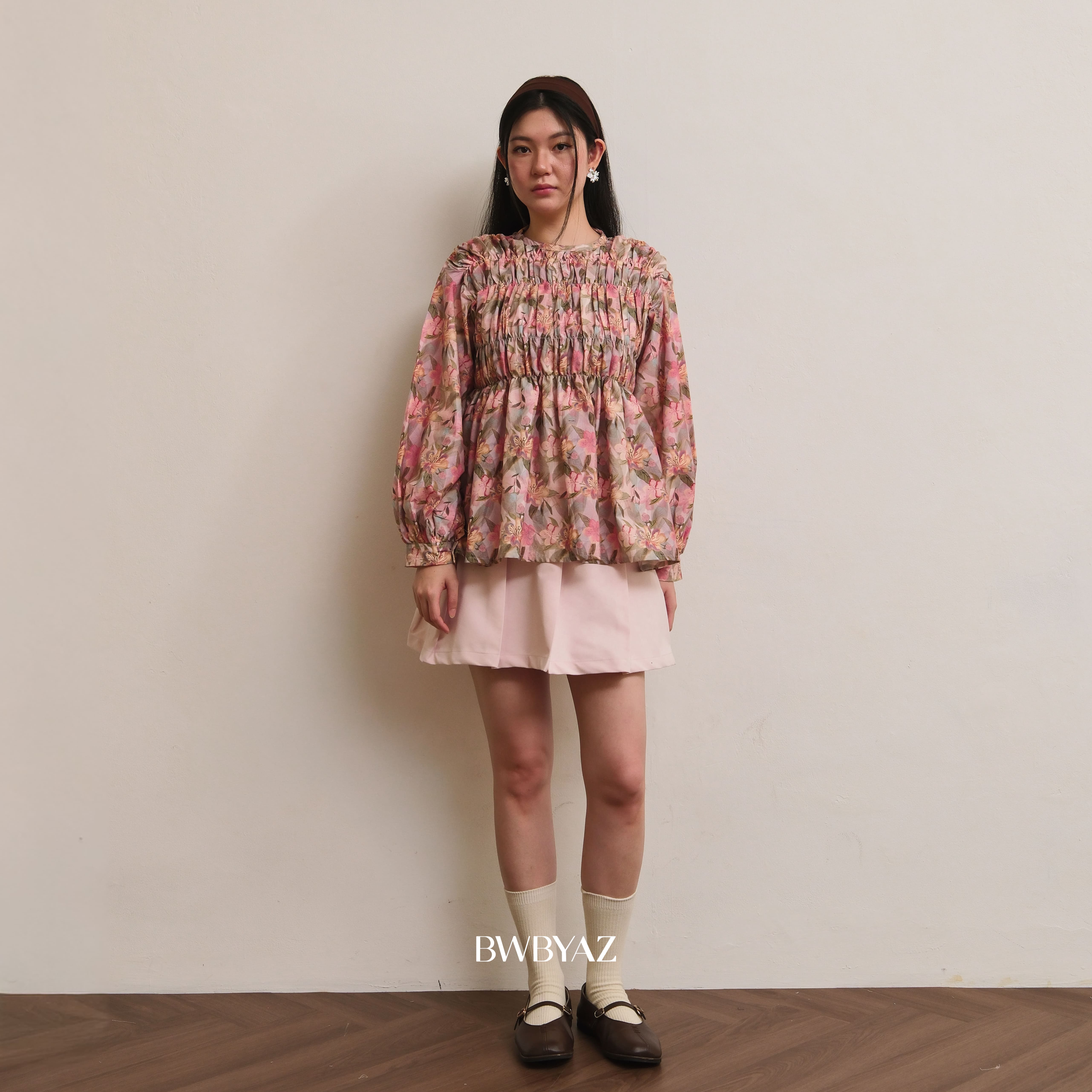 BWBYAZ - Pamela Shirred Blouse Signature (READY STOCK)