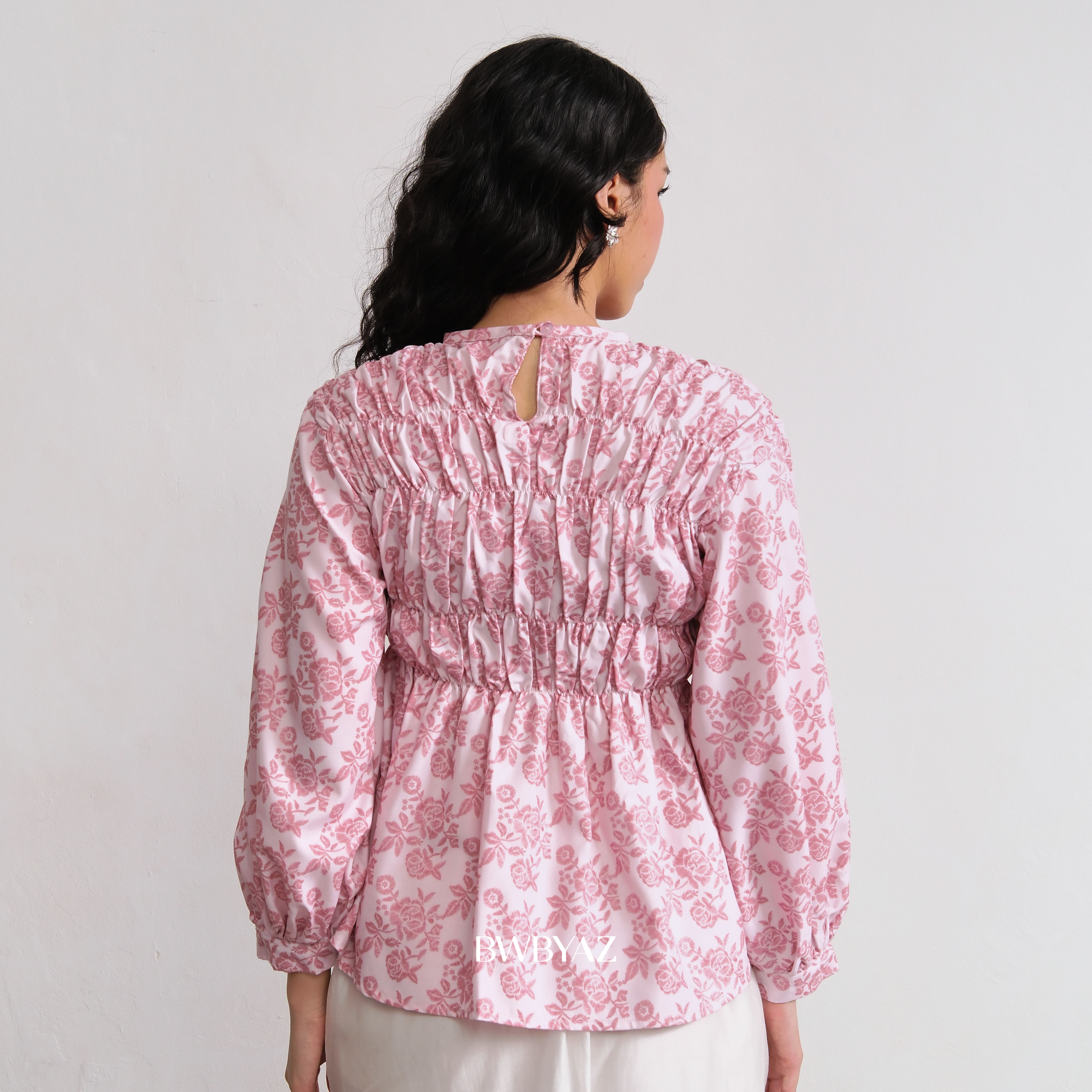 BWBYAZ - Pamela Shirred Blouse Signature (READY STOCK).