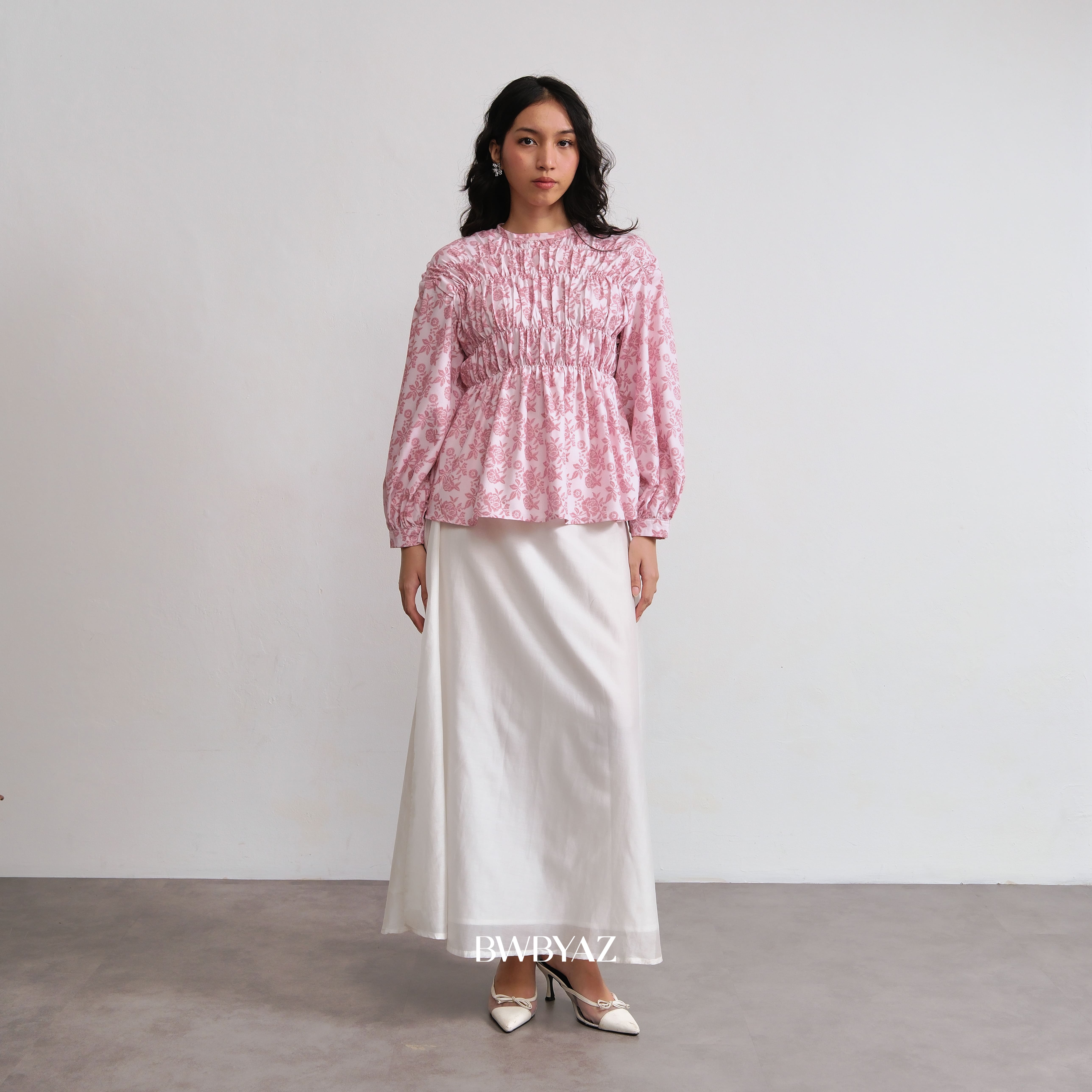 BWBYAZ - Pamela Shirred Blouse Signature (READY STOCK).