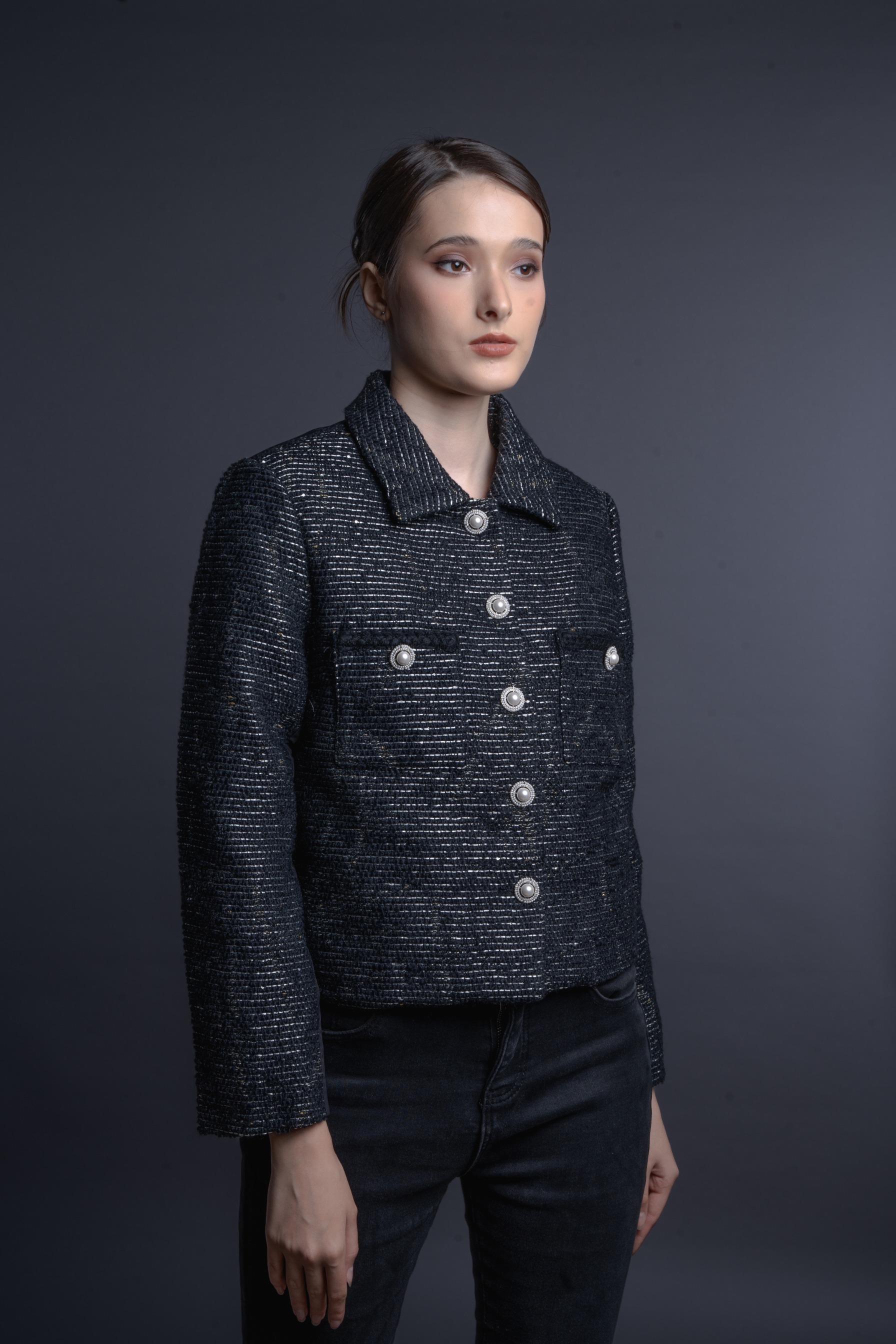 PRE ORDER Button Tweed Jacket Black 