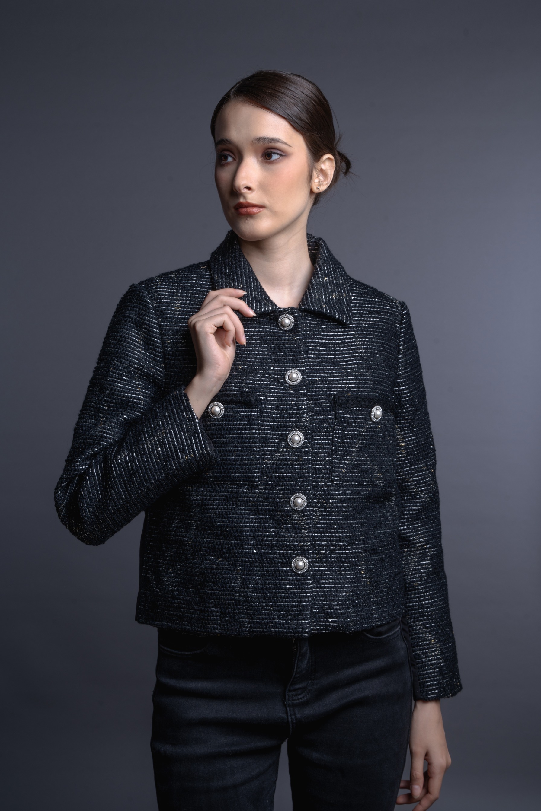 PRE ORDER Button Tweed Jacket Black 