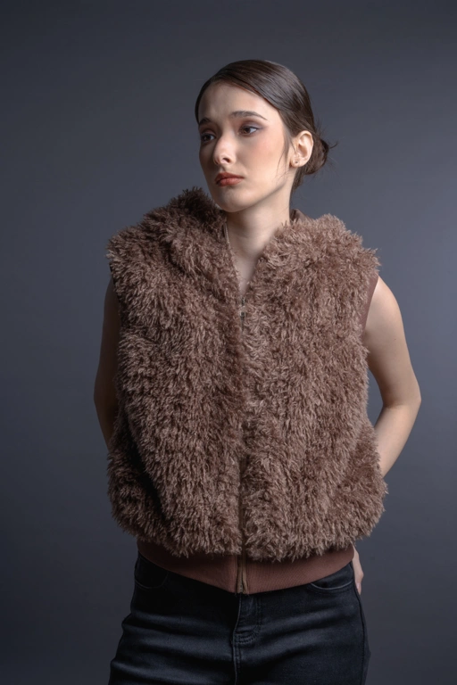 Image of Teddy Sleeveless Brown Jacket - Ready Stock