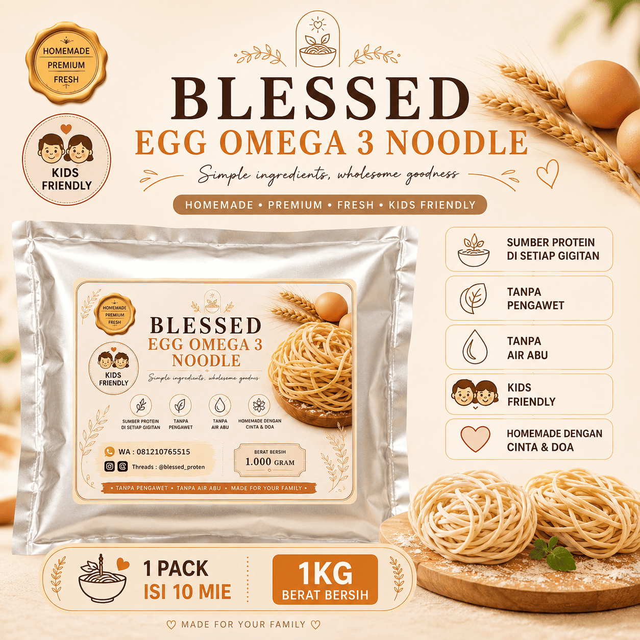 Blessed Protein Egg Omega 3 Noodle Tanpa Air Abu dan Tanpa bahan Pengawet Kids Friendly