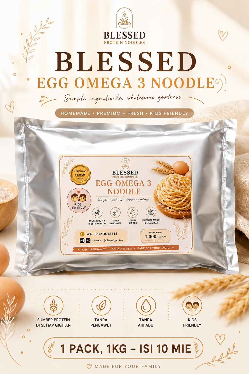 Blessed Protein Egg Omega 3 Noodle Tanpa Air Abu dan Tanpa bahan Pengawet Kids Friendly
