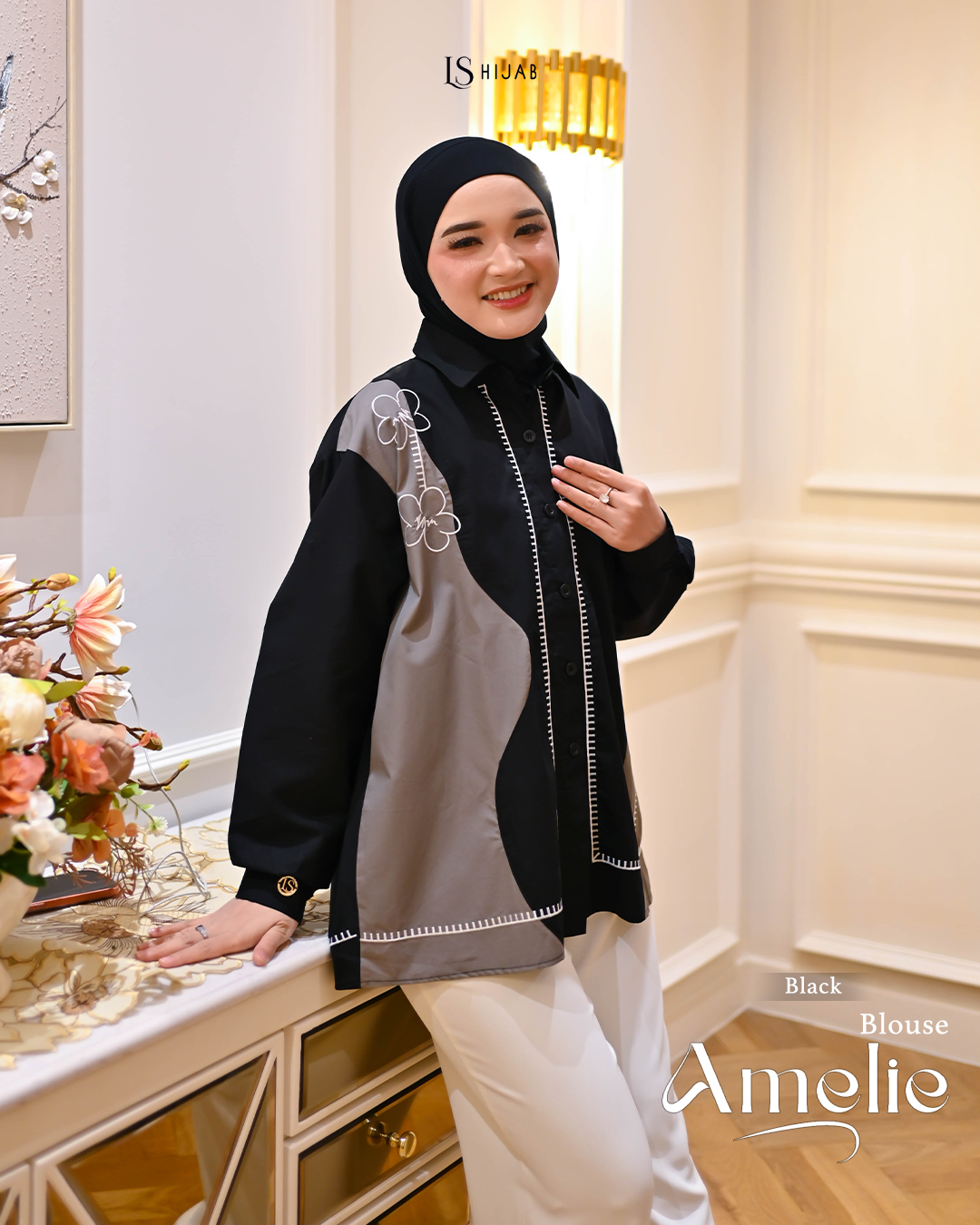 LS Hijab - Amelie Blouse Wanita Kemeja Lengan Panjang Bordir Kekinian Dengan Bahan Katun Popline Premium