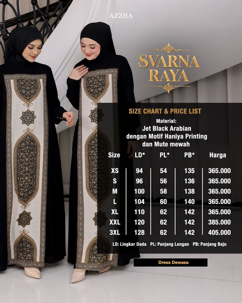 Azzha Indonesia - Svarna Raya Dress Wanita Elegan dan Nyaman Dengan Bahan Jetblack dan Printing Haniya Aksen Mute Mewah