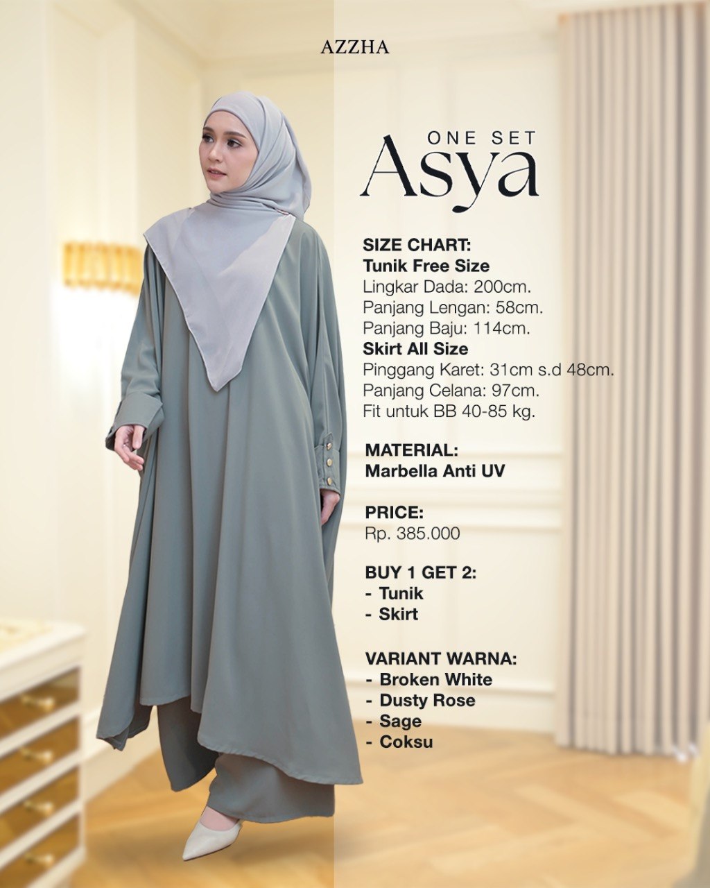 Azzha Indonesia - Asya One Set Wanita Muslimah Nyaman Lembut dan Mewah Buy 1 Get 2 Tunik Skirt Dengan Bahan Marbella Anti UV Premium