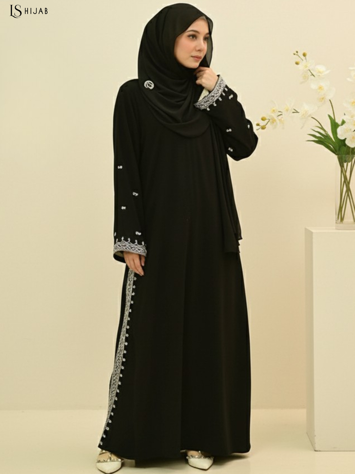 LS Hijab - Nayla Abaya One Set Kulot Kekinian Dengan Bahan Jetblack Black Gold Premium