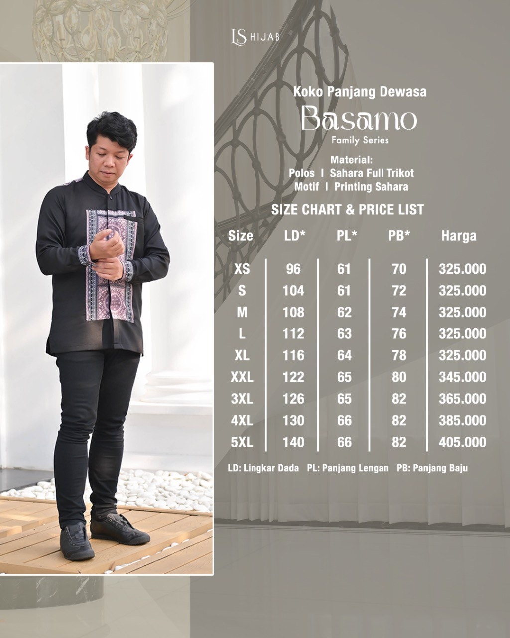 LS Hijab Koko Basamo Lengan Panjang Motif Printing Bahan Sahara Full Tricot Elegan