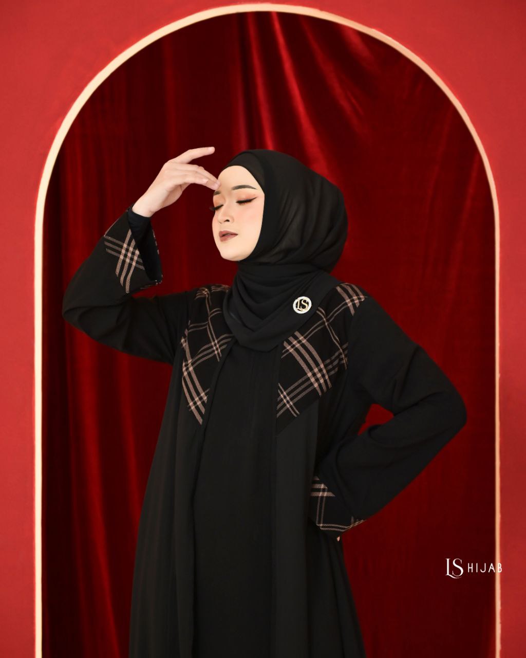 LS Hijab -Mazaya Dress Muslimah Elegant Nyaman Bahan Jetblack dengan Aksen Tartan