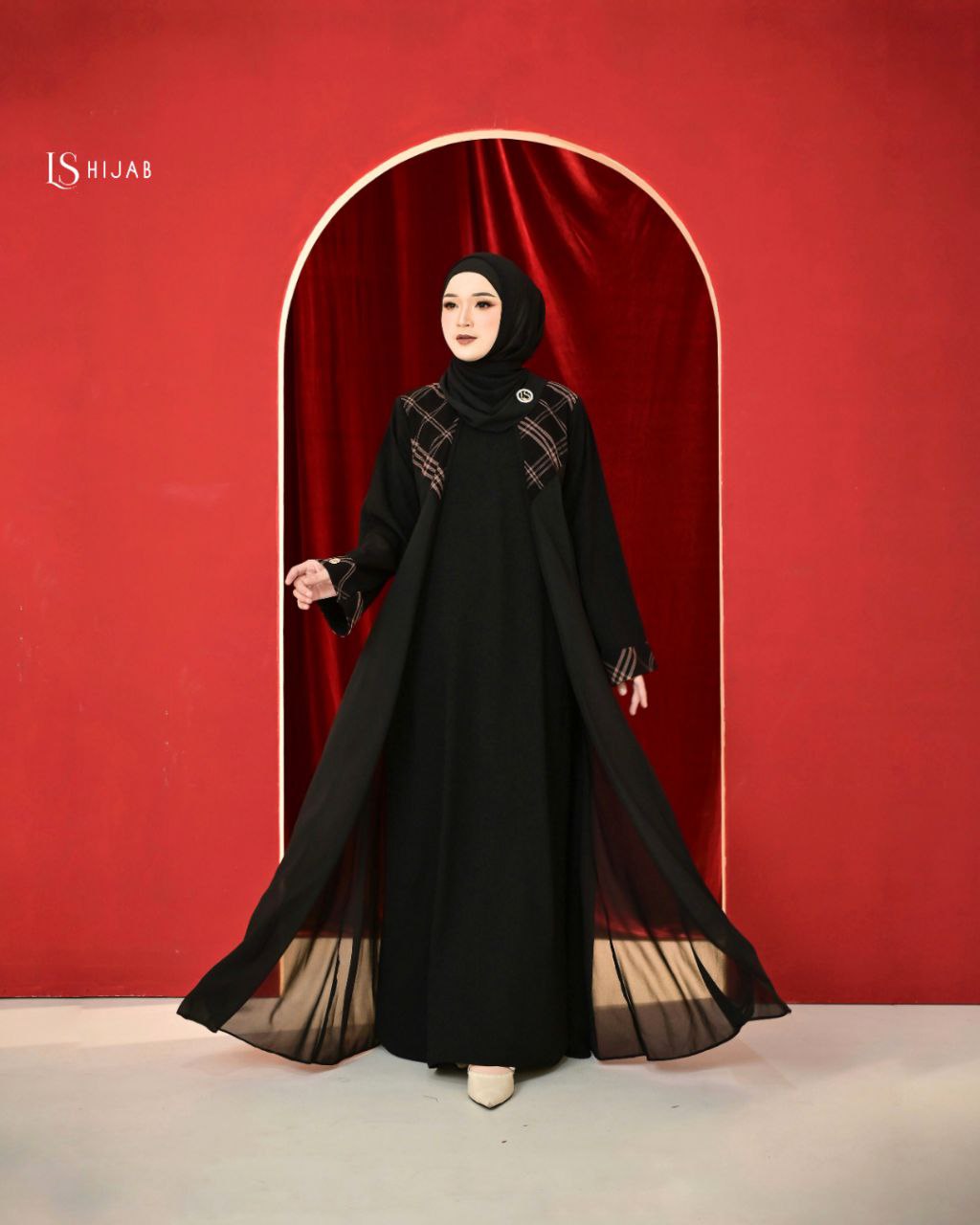 LS Hijab -Mazaya Dress Muslimah Elegant Nyaman Bahan Jetblack dengan Aksen Tartan