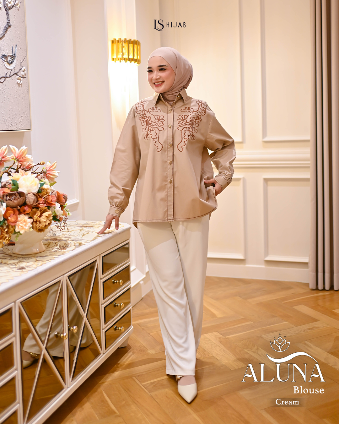 LS Hijab - Aluna Blouse Wanita Kemeja Lengan Panjang Bordir Kekinian Dengan Bahan Katun Popline Premium