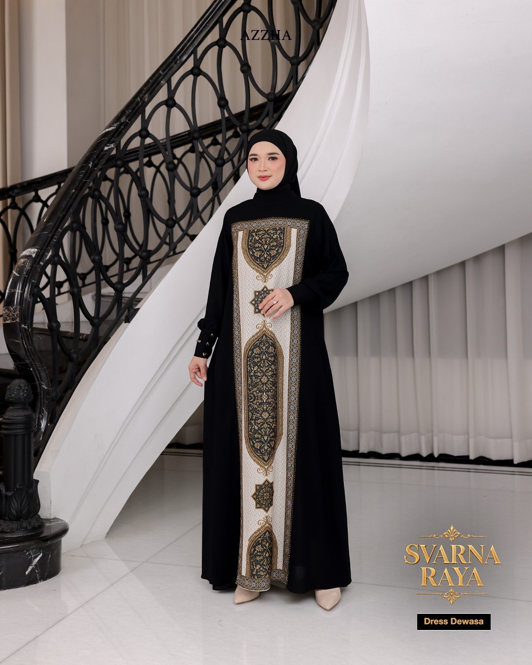 Azzha Indonesia - Svarna Raya Dress Wanita Elegan dan Nyaman Dengan Bahan Jetblack dan Printing Haniya Aksen Mute Mewah