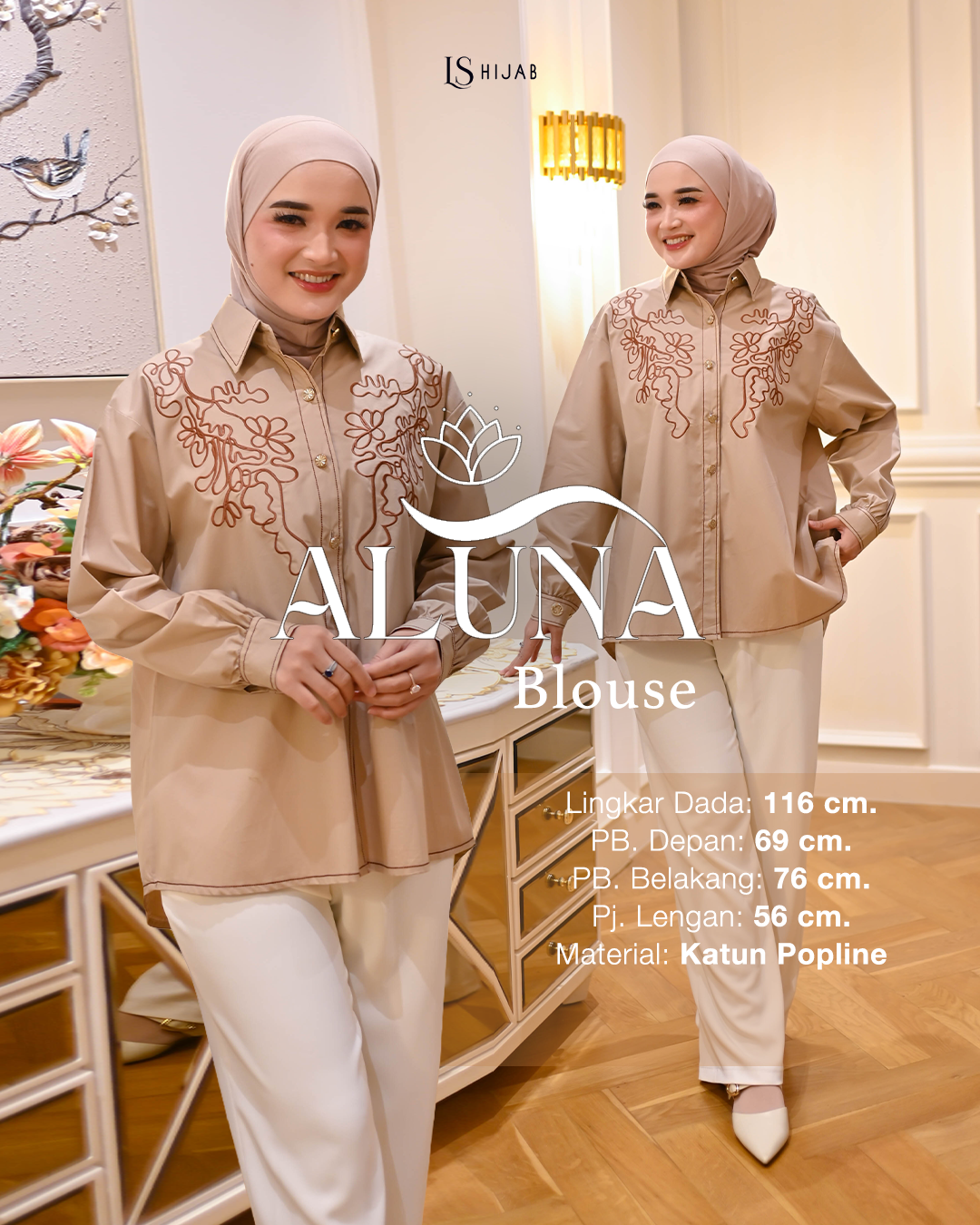 LS Hijab - Aluna Blouse Wanita Kemeja Lengan Panjang Bordir Kekinian Dengan Bahan Katun Popline Premium