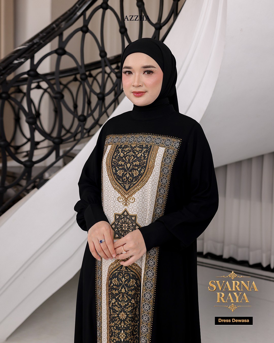 Azzha Indonesia - Svarna Raya Dress Wanita Elegan dan Nyaman Dengan Bahan Jetblack dan Printing Haniya Aksen Mute Mewah