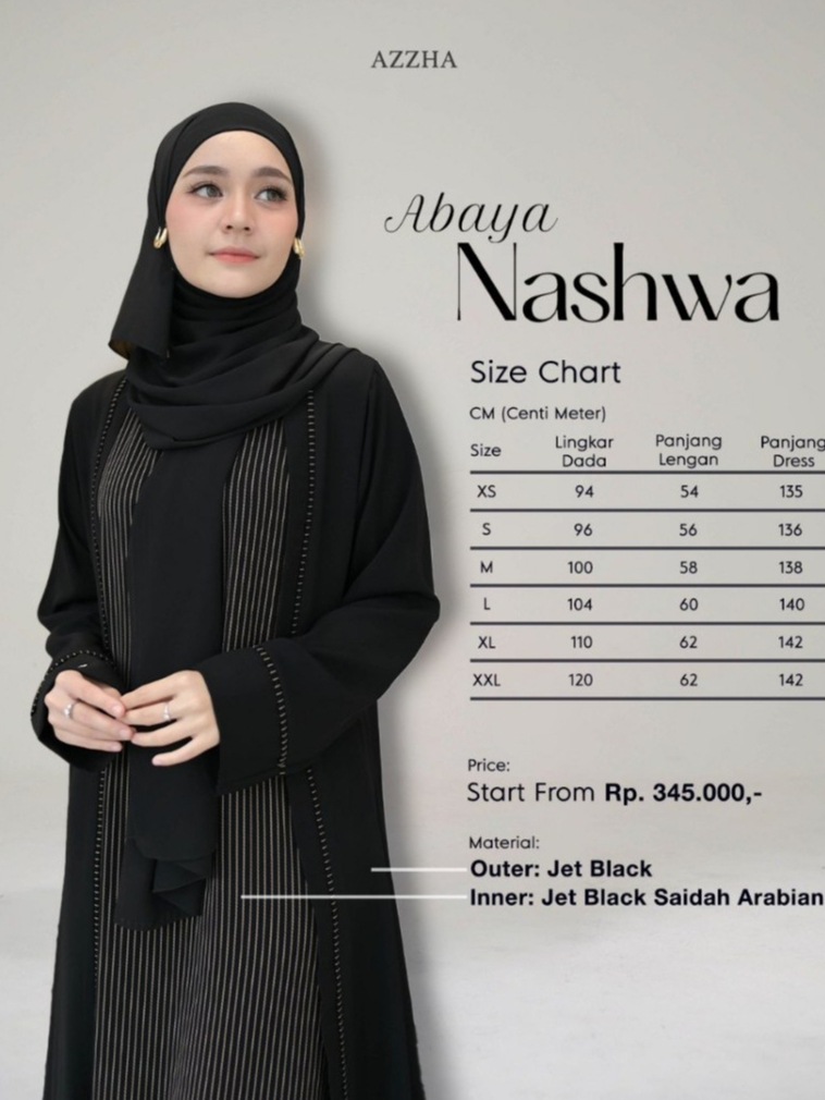Azzha Indonesia - Nashwa Abaya Wanita Muslimah Nyaman Lembut dan Elegant Dengan Bahan Jet Black Saidah Arabian Premium