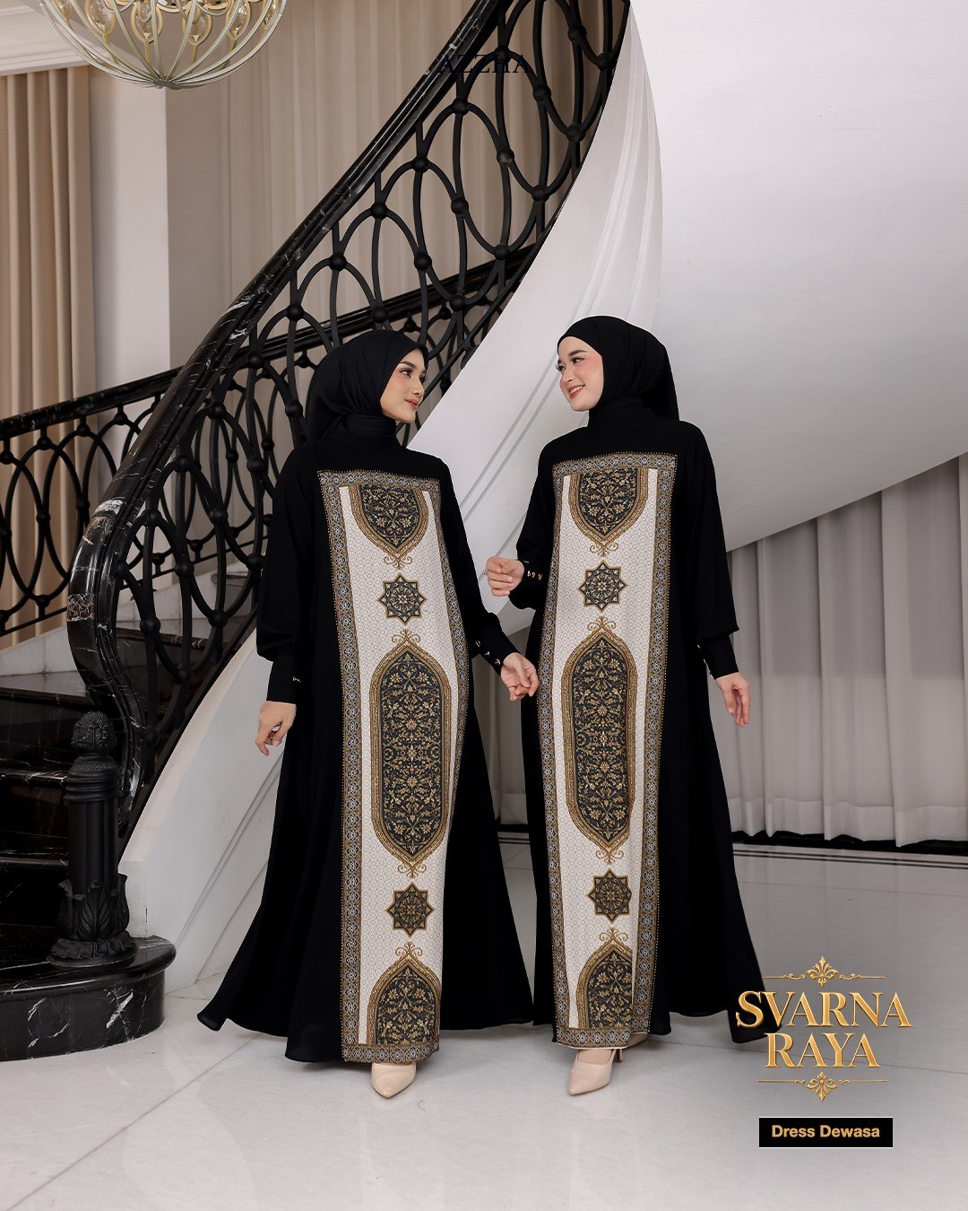 Azzha Indonesia - Svarna Raya Dress Wanita Elegan dan Nyaman Dengan Bahan Jetblack dan Printing Haniya Aksen Mute Mewah