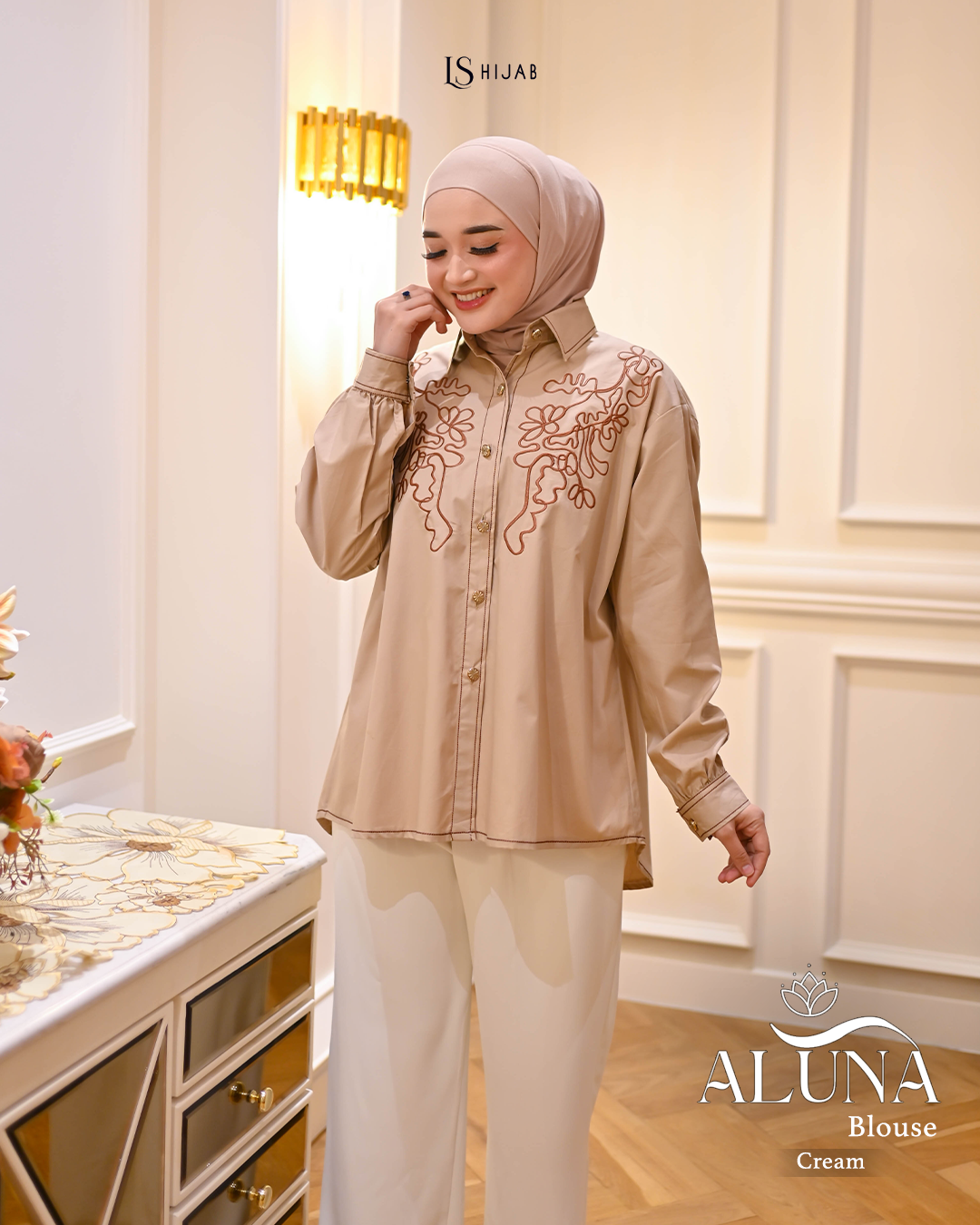 LS Hijab - Aluna Blouse Wanita Kemeja Lengan Panjang Bordir Kekinian Dengan Bahan Katun Popline Premium