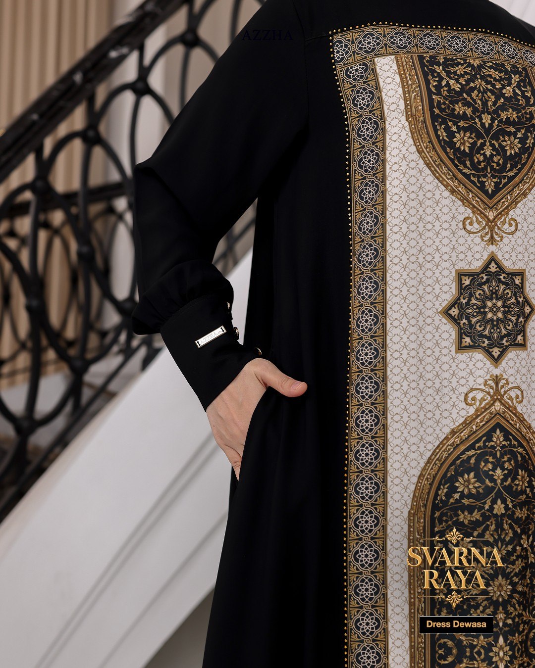 Azzha Indonesia - Svarna Raya Dress Wanita Elegan dan Nyaman Dengan Bahan Jetblack dan Printing Haniya Aksen Mute Mewah