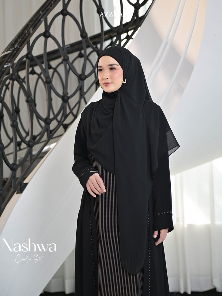 Azzha Indonesia - Nashwa Abaya Wanita Muslimah Nyaman Lembut dan Elegant Dengan Bahan Jet Black Saidah Arabian Premium