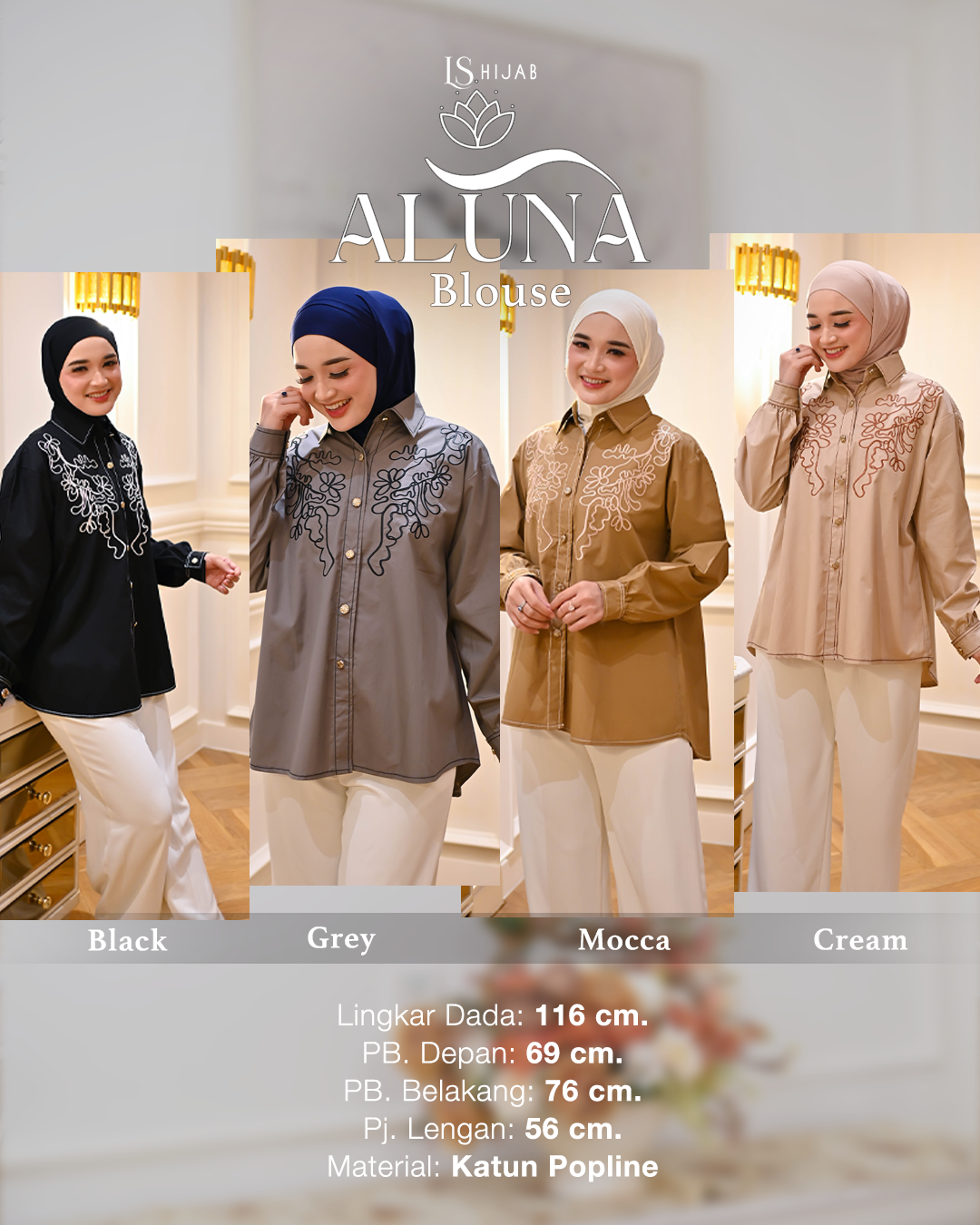 LS Hijab - Aluna Blouse Wanita Kemeja Lengan Panjang Bordir Kekinian Dengan Bahan Katun Popline Premium