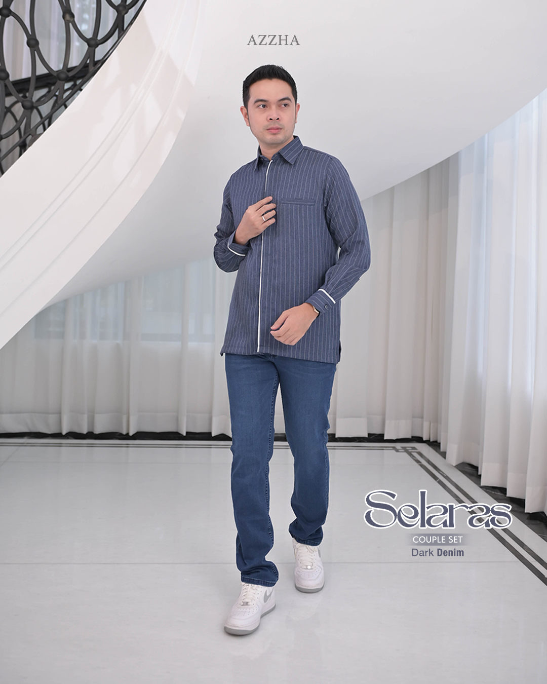 Azzha Indonesia| Selaras Koko Jeans Salur (lengan Panjang & Pendek)