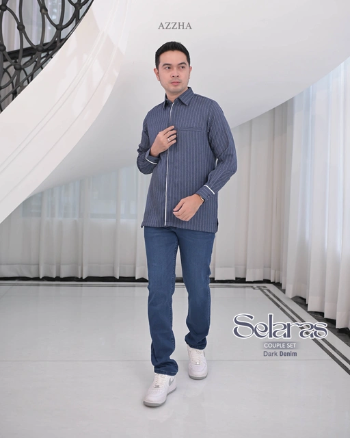 Image of Azzha Indonesia| Selaras Koko Jeans Salur (lengan Panjang & Pendek)