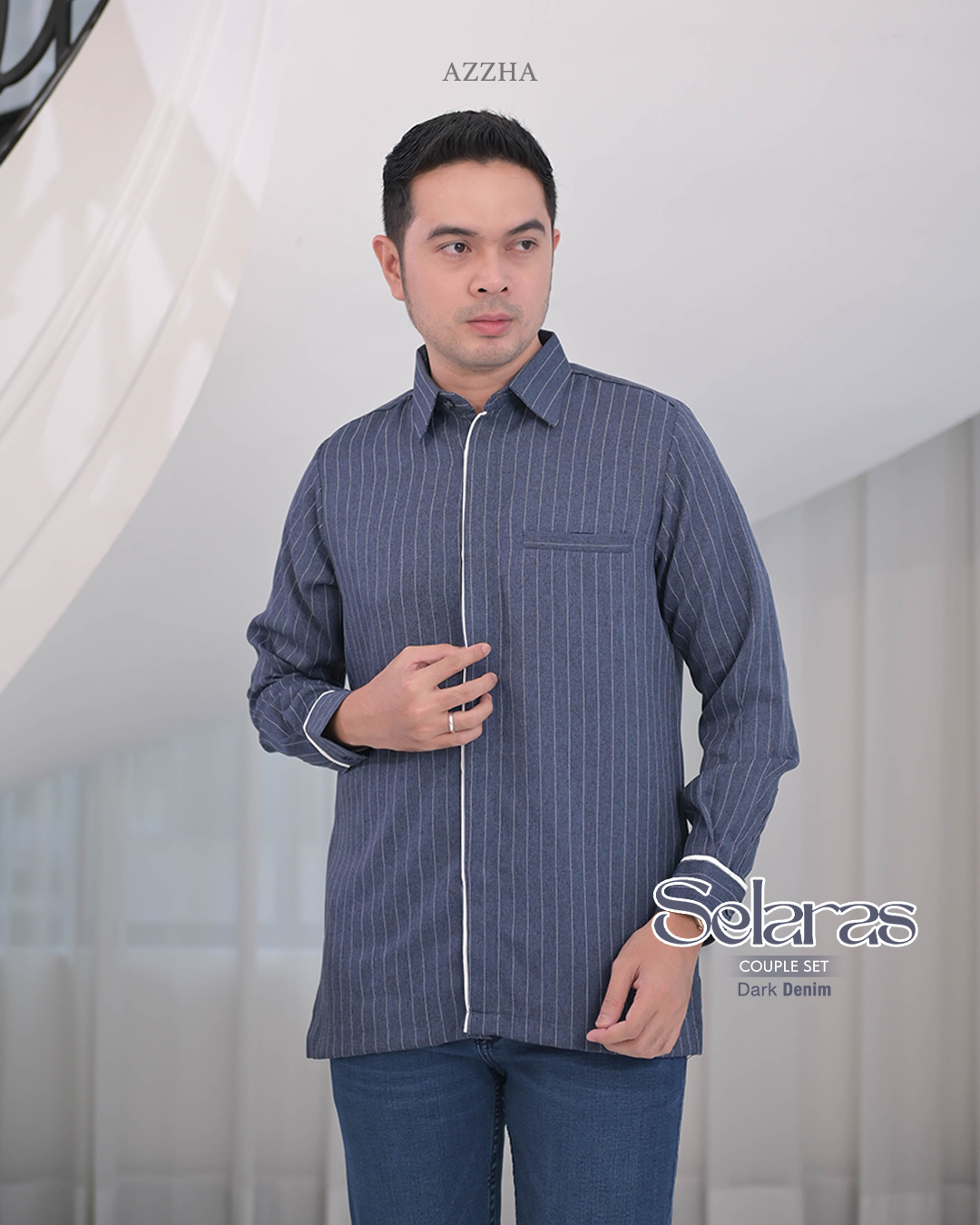 Azzha Indonesia| Selaras Koko Jeans Salur (lengan Panjang & Pendek)