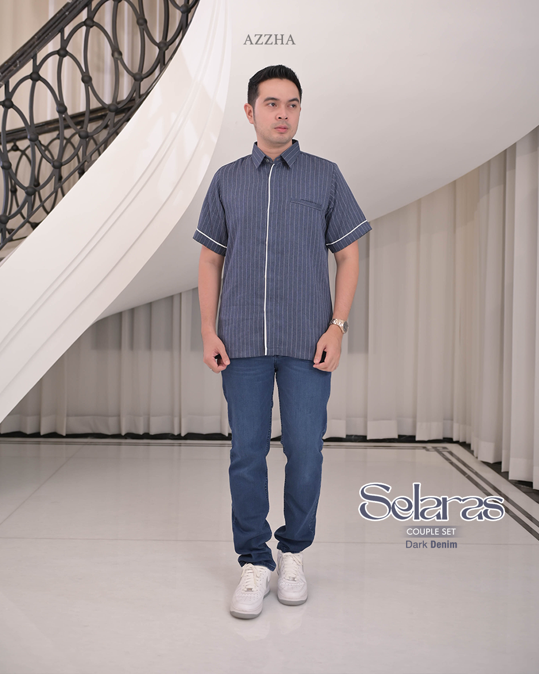 Azzha Indonesia| Selaras Koko Jeans Salur (lengan Panjang & Pendek)