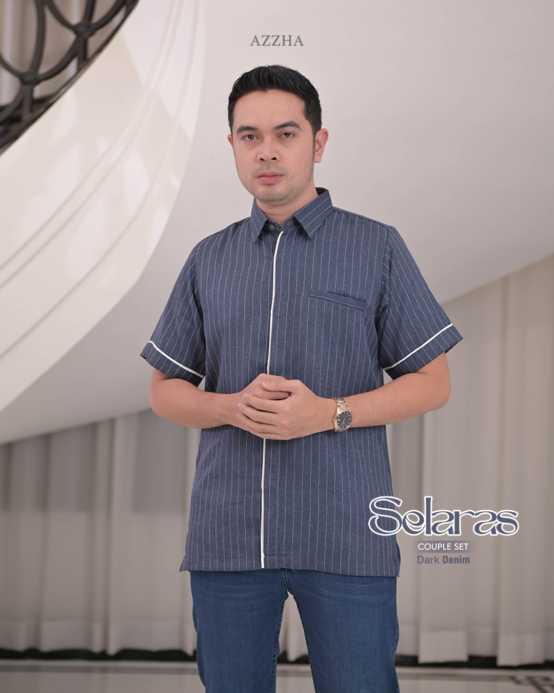 Azzha Indonesia| Selaras Koko Jeans Salur (lengan Panjang & Pendek)