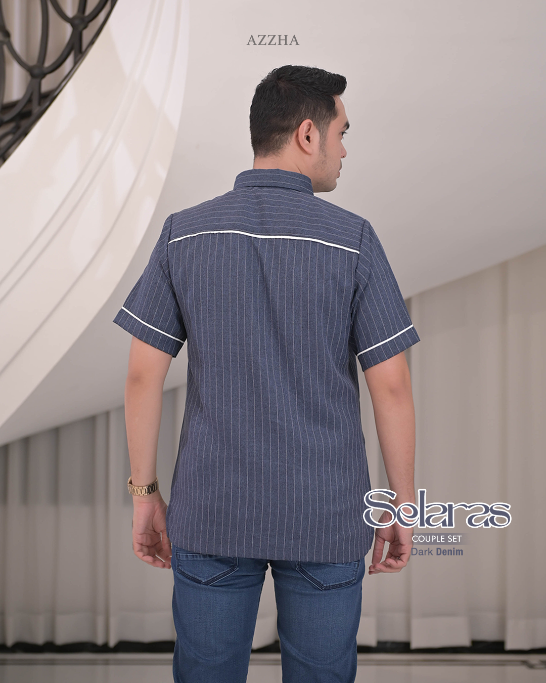 Azzha Indonesia| Selaras Koko Jeans Salur (lengan Panjang & Pendek)
