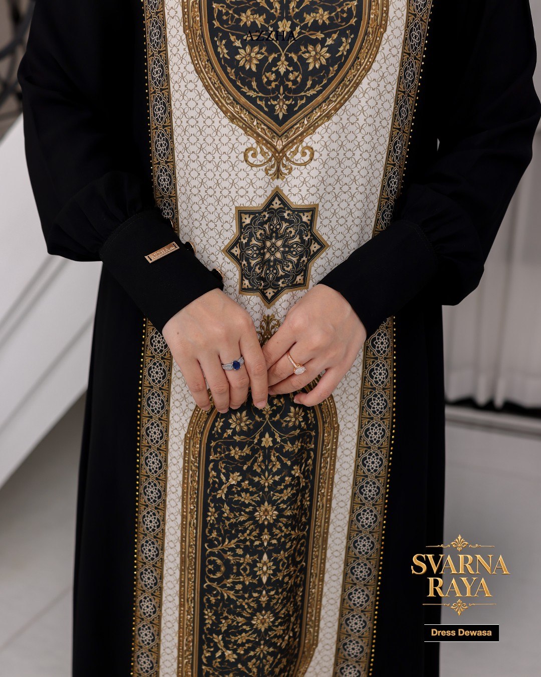 Azzha Indonesia - Svarna Raya Dress Wanita Elegan dan Nyaman Dengan Bahan Jetblack dan Printing Haniya Aksen Mute Mewah