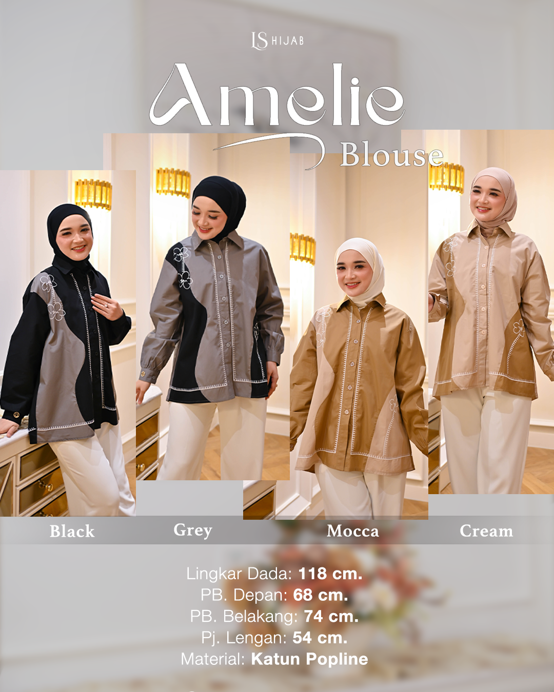 LS Hijab - Amelie Blouse Wanita Kemeja Lengan Panjang Bordir Kekinian Dengan Bahan Katun Popline Premium