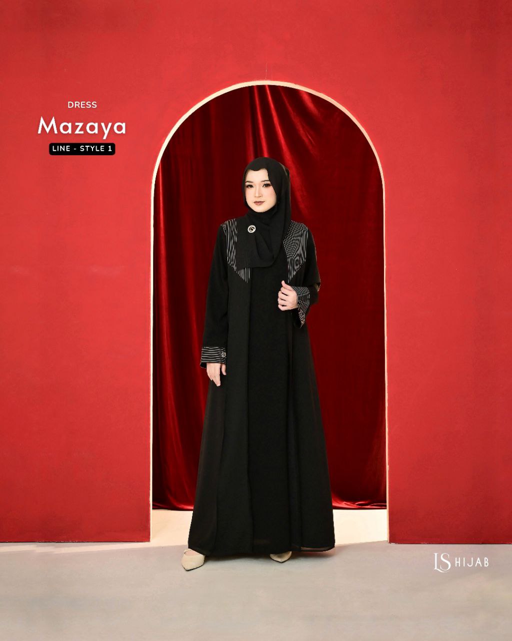 LS Hijab -Mazaya Dress Muslimah Elegant Nyaman Bahan Jetblack dengan Aksen Tartan