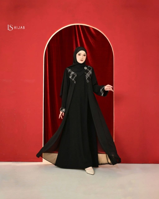 Image of LS Hijab -Mazaya Dress Muslimah Elegant Nyaman Bahan Jetblack dengan Aksen Tartan