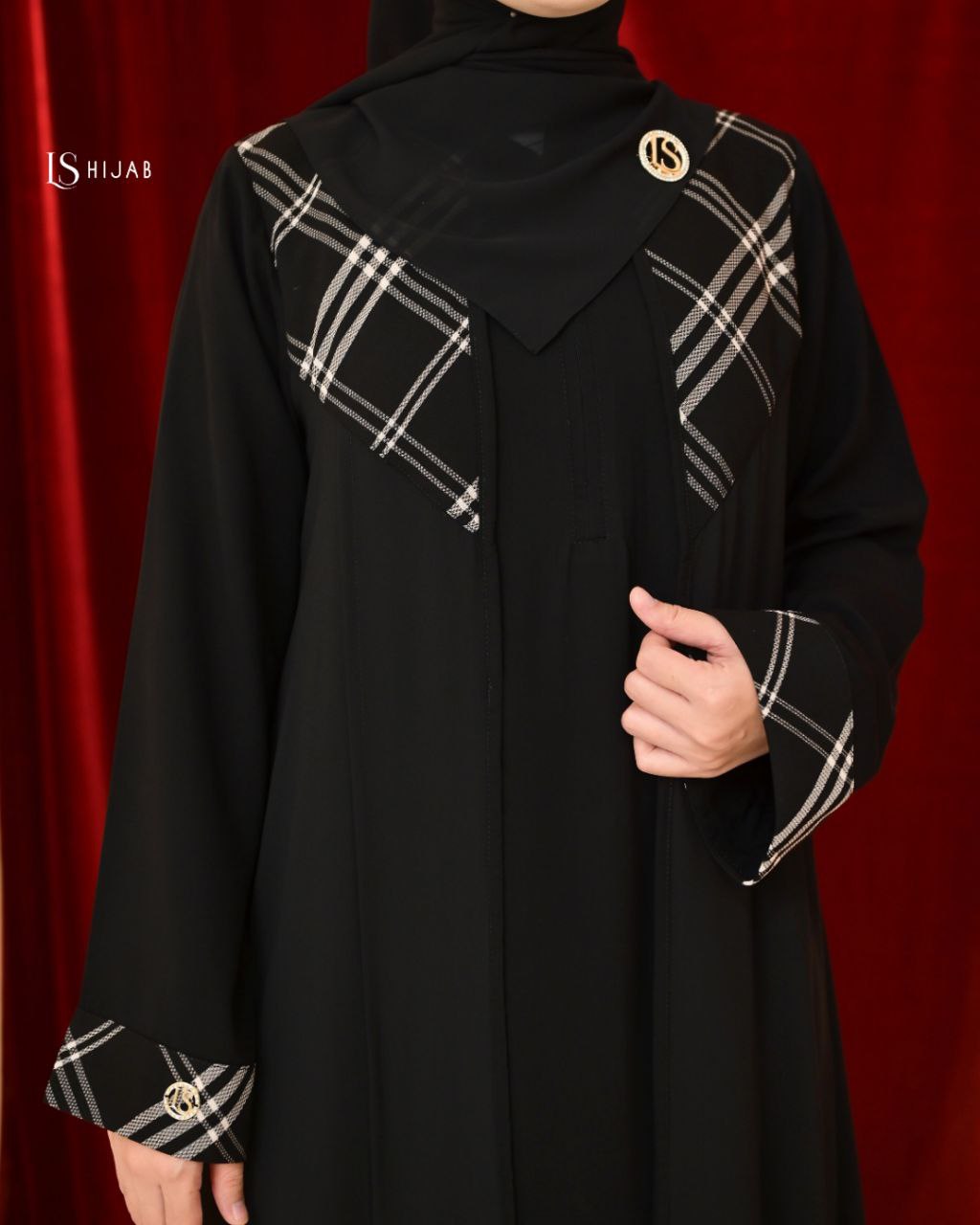 LS Hijab -Mazaya Dress Muslimah Elegant Nyaman Bahan Jetblack dengan Aksen Tartan