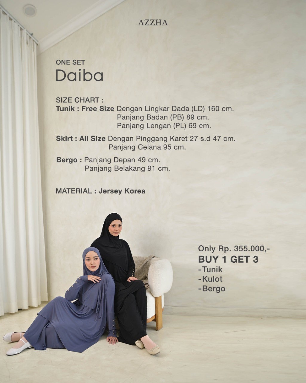 Azzha Indonesia - Daiba Oneset | Setelan polos 3 in 1 Set Bergo Jersey Korea Premium