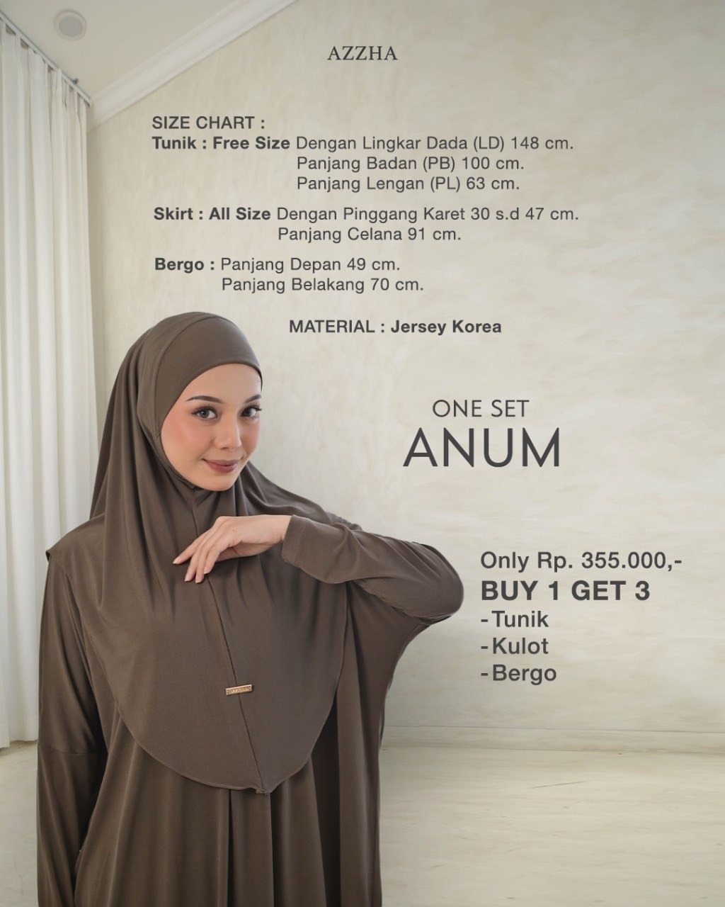 Azzha Indonesia - Anum One Set | Setelan 3 in 1 Plus Bergo Dengan Bahan Jersey Korea Premium