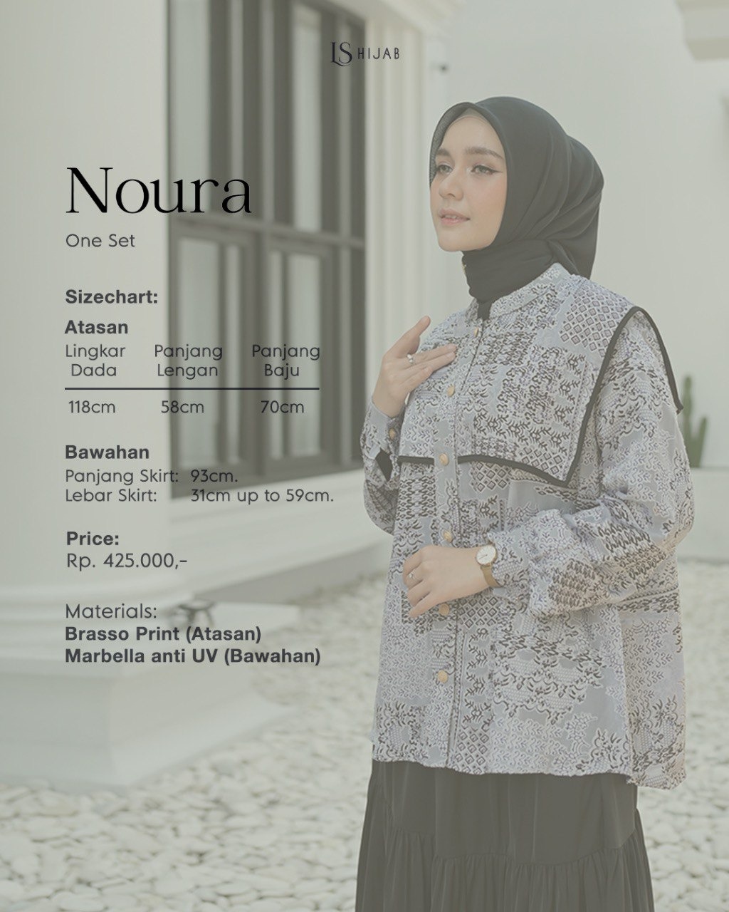 LS Hijab Noura One Set Rok Wanita Muslimah Blouse Busui Friendly Motif Print Anti UV