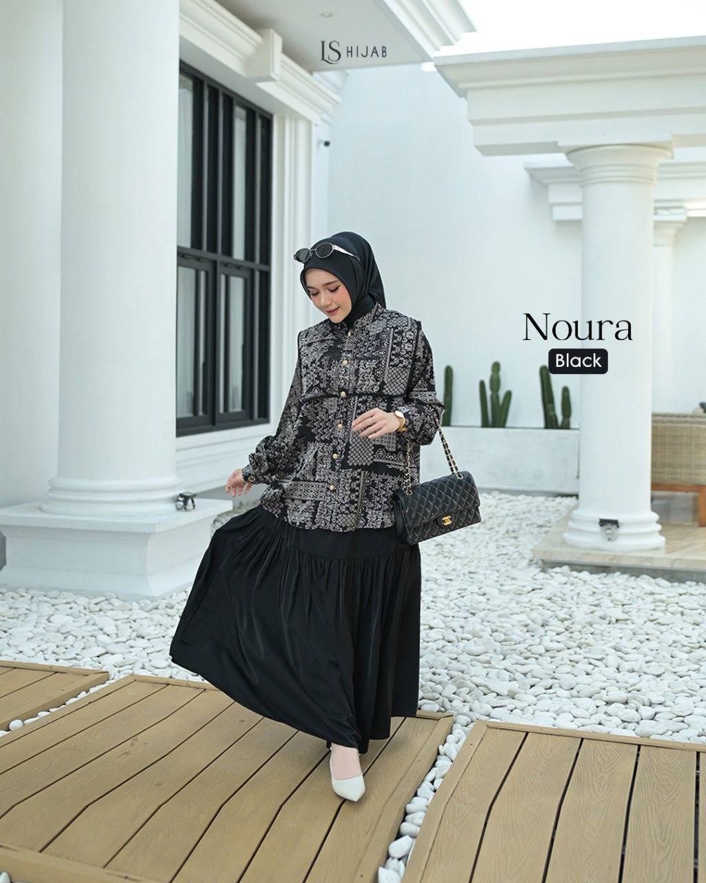 LS Hijab Noura One Set Rok Wanita Muslimah Blouse Busui Friendly Motif Print Anti UV