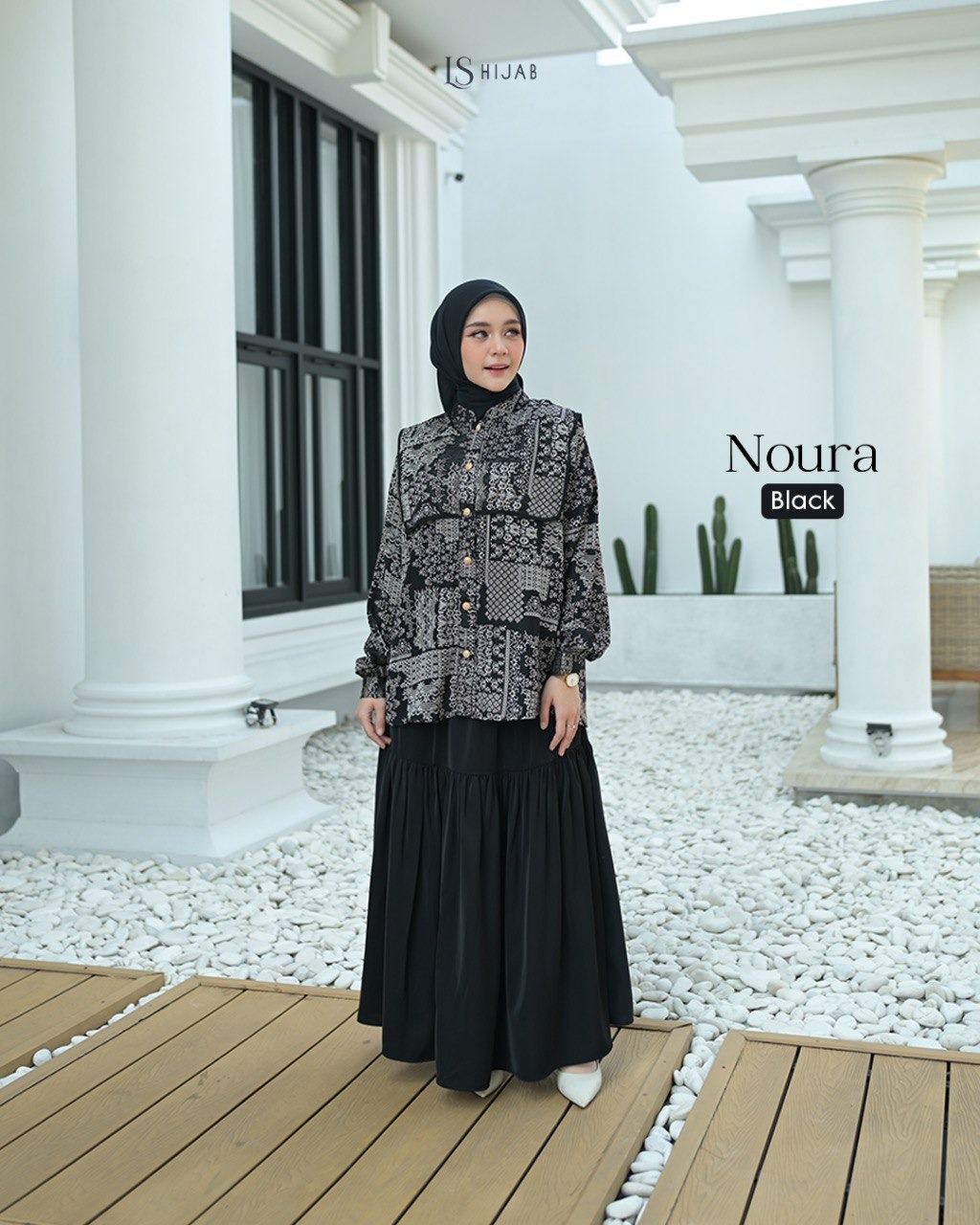 LS Hijab Noura One Set Rok Wanita Muslimah Blouse Busui Friendly Motif Print Anti UV